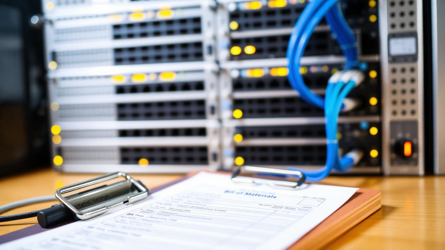 Macro photo of network switches with QSFP optics and a printed Bill of Materials clipboard in the foreground