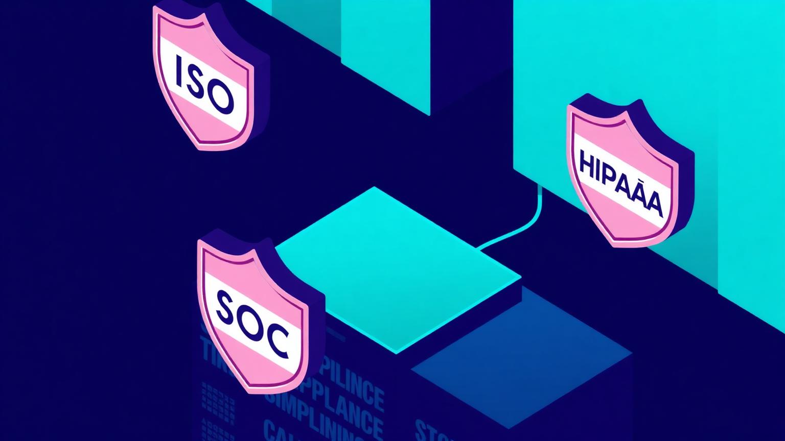 Isometric illustration of compliance shields labeled ISO, SOC, HIPAA above a stylized datacenter
