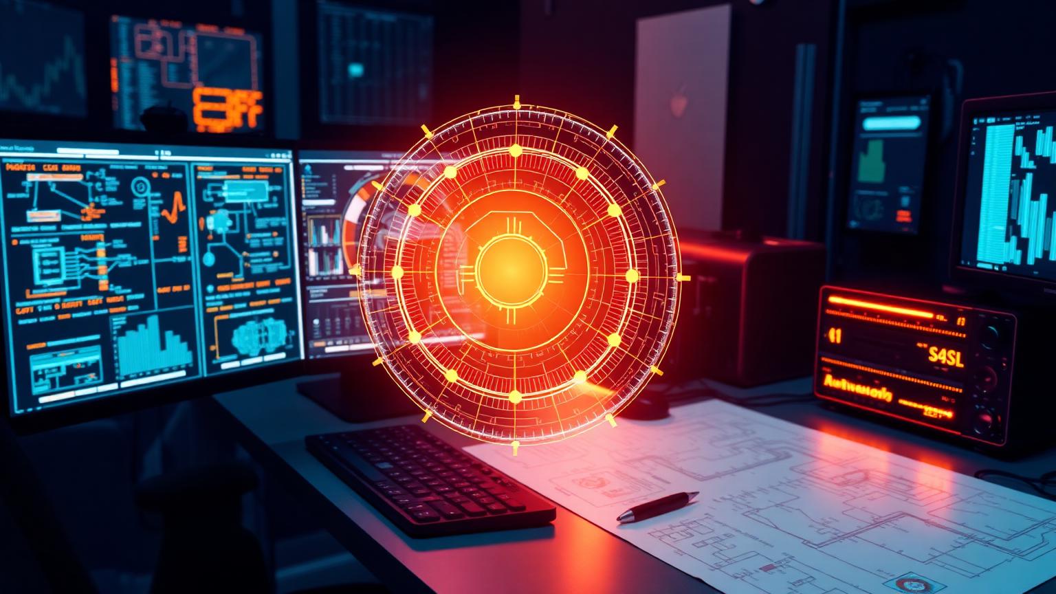 Editorial photo of an AI copilot interface overlaying a network architect's desk with schematic diagrams