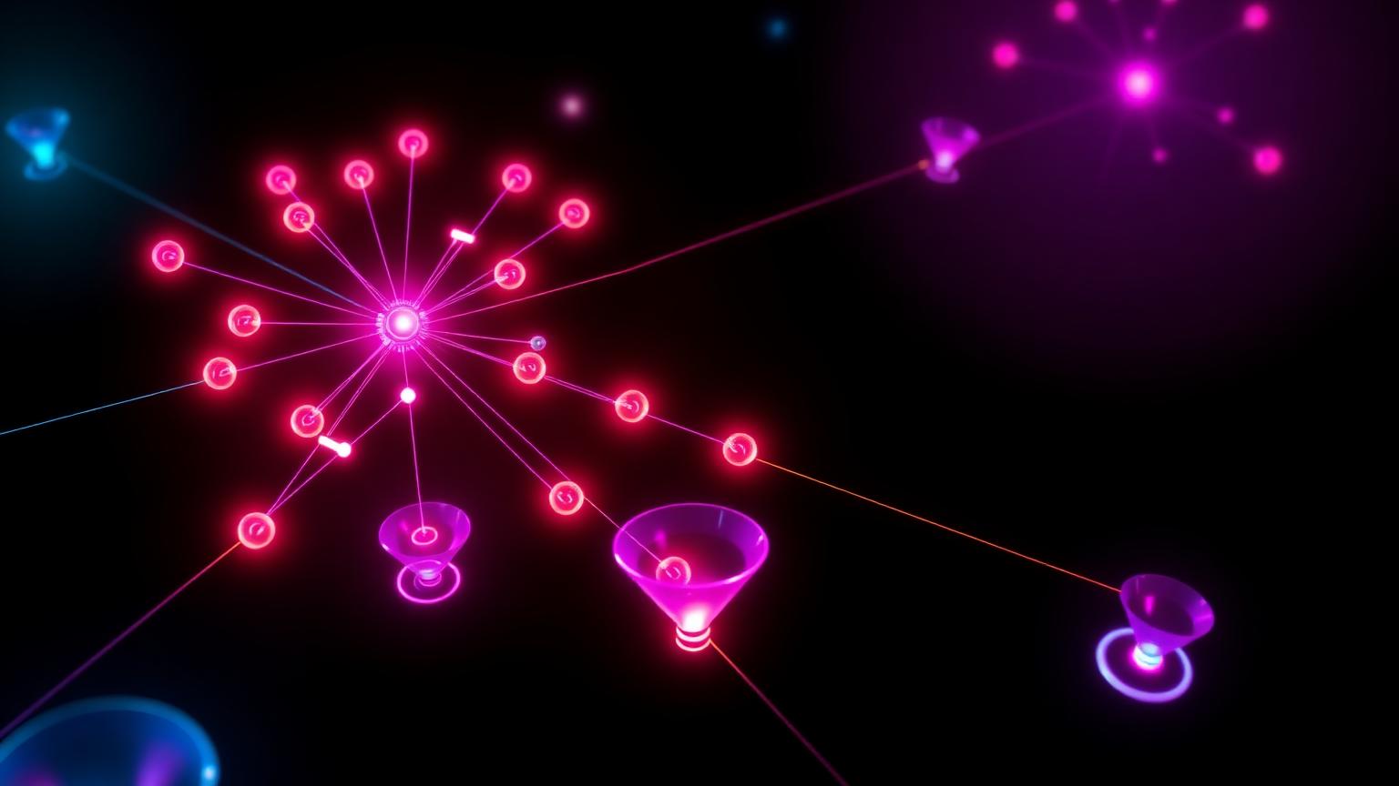 Stylized spine-leaf topology with glowing oversubscription funnels in magenta and teal