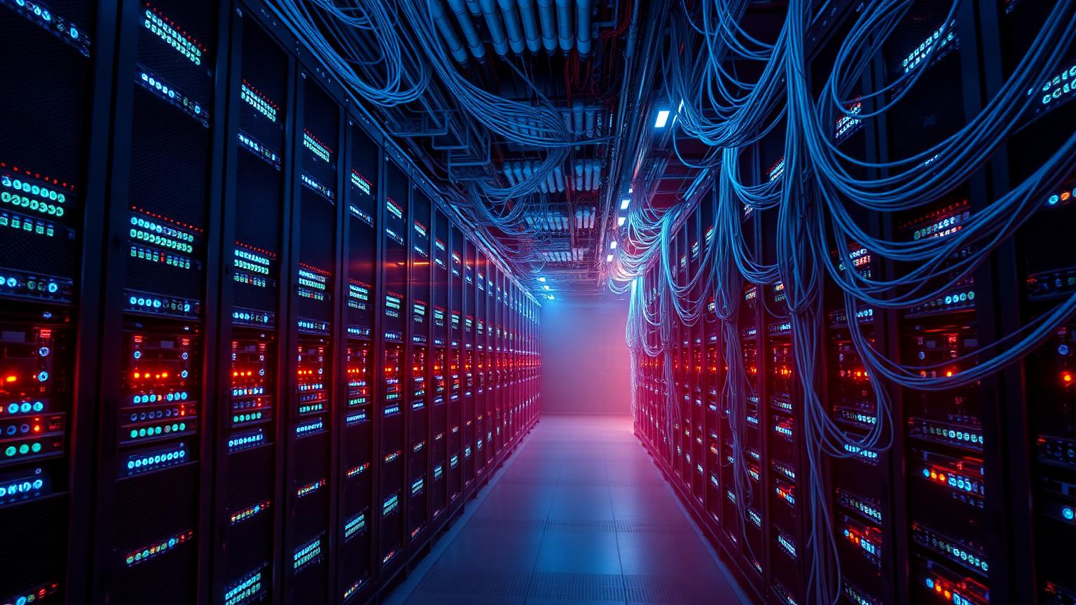 Cinematic photo of a modern datacenter hot aisle with blue and red rack LEDs and structured cabling