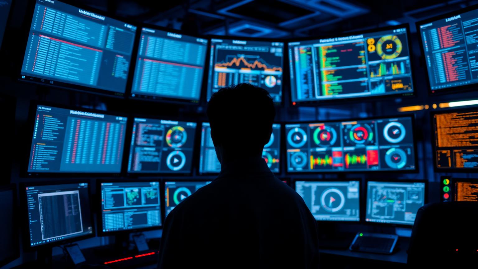 Network operations center at night with curved monitors showing dashboards and runbook checklists